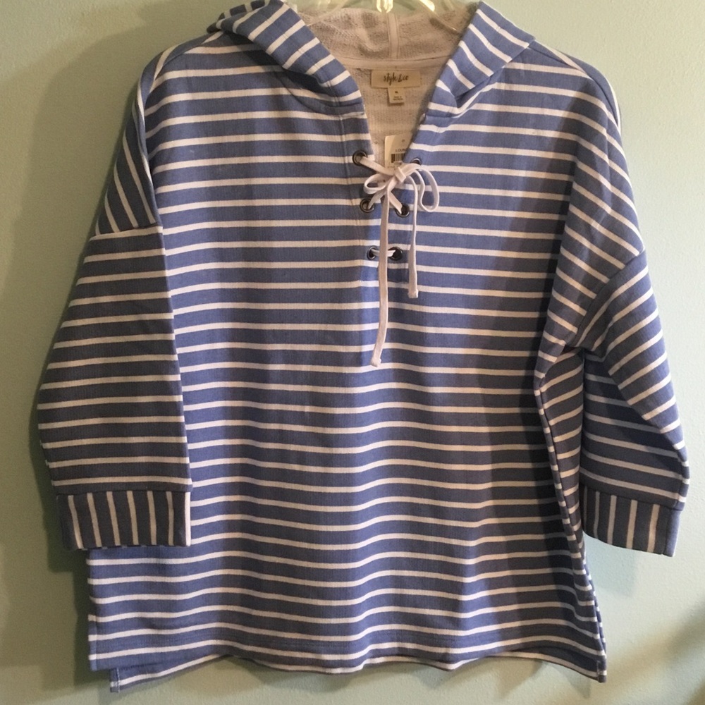 Style & Co. Blue and White Striped Hooded Lace-Up Top